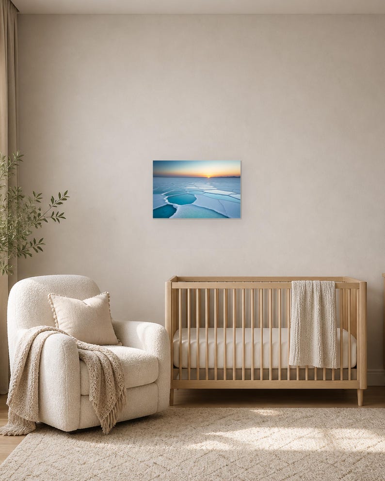 Frozen Salt Flats at Sunset - Canvas Wall Art shown as canvas wall art in a neutral nursery mockup