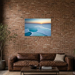 Frozen Salt Flats at Sunset - Canvas Wall Art shown as canvas wall art in a brick loft mockup