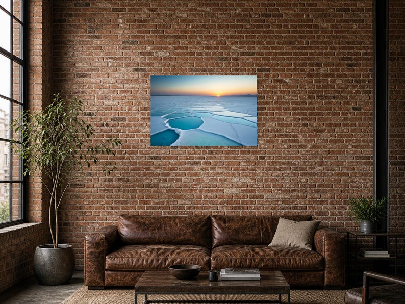 Frozen Salt Flats at Sunset - Canvas Wall Art shown as canvas wall art in a brick loft mockup