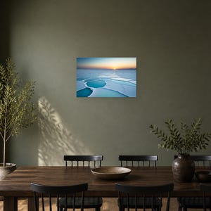 Frozen Salt Flats at Sunset - Canvas Wall Art shown as canvas wall art in a dining room mockup
