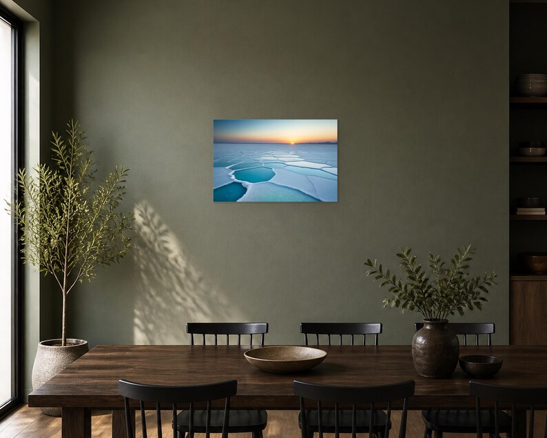 Frozen Salt Flats at Sunset - Canvas Wall Art shown as canvas wall art in a dining room mockup