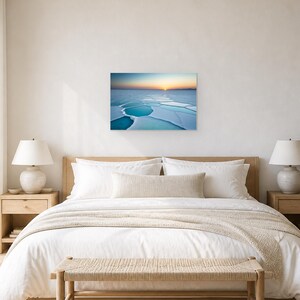 Frozen Salt Flats at Sunset - Canvas Wall Art shown as canvas wall art in a bright bedroom mockup