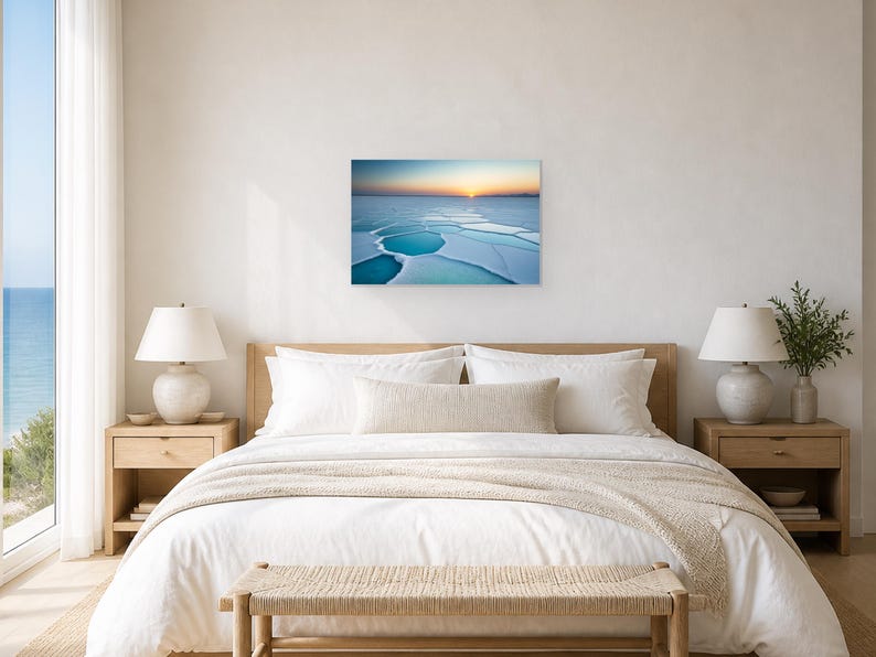 Frozen Salt Flats at Sunset - Canvas Wall Art shown as canvas wall art in a bright bedroom mockup