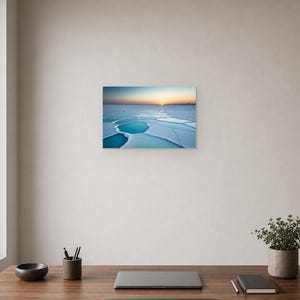 Frozen Salt Flats at Sunset - Canvas Wall Art shown as canvas wall art in a home office mockup