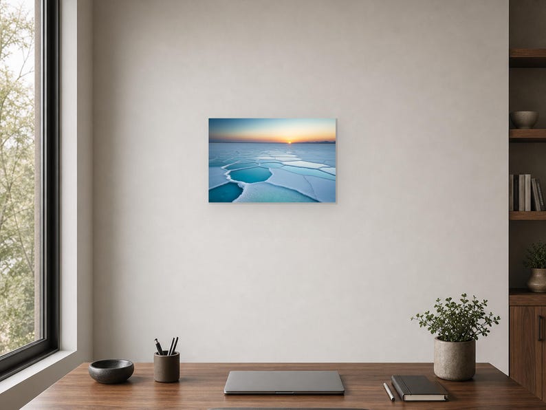Frozen Salt Flats at Sunset - Canvas Wall Art shown as canvas wall art in a home office mockup
