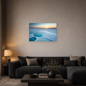 Frozen Salt Flats at Sunset - Canvas Wall Art shown as canvas wall art in a dark sofa black frame mockup