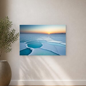 Frozen Salt Flats at Sunset - Canvas Wall Art shown as canvas wall art in a close up product detail mockup