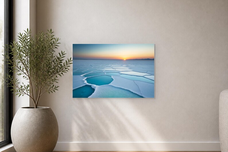 Frozen Salt Flats at Sunset - Canvas Wall Art shown as canvas wall art in a close up product detail mockup