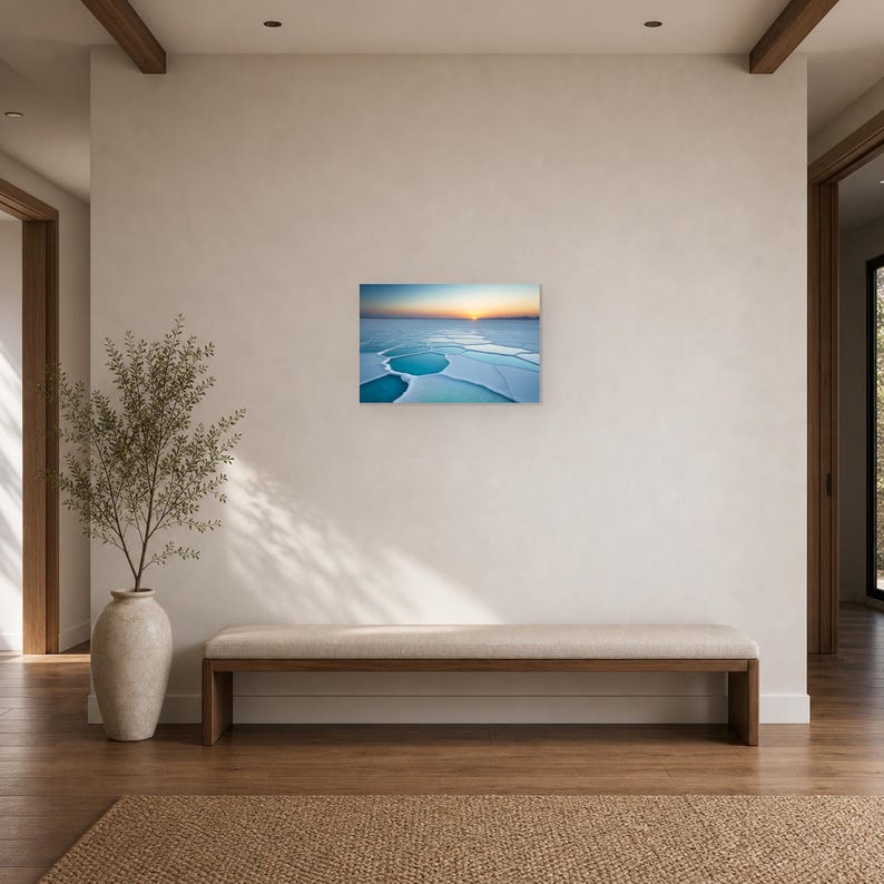 Frozen Salt Flats at Sunset - Canvas Wall Art shown as canvas wall art in a gallery wall mockup