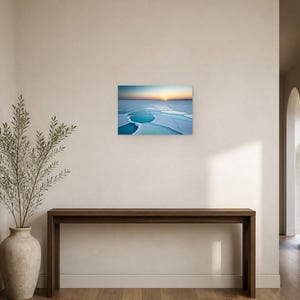 Frozen Salt Flats at Sunset - Canvas Wall Art shown as canvas wall art in a hallway bench mockup