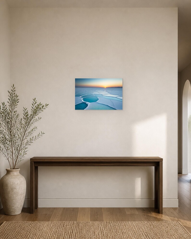 Frozen Salt Flats at Sunset - Canvas Wall Art shown as canvas wall art in a hallway bench mockup