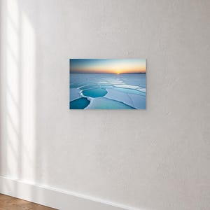 Frozen Salt Flats at Sunset - Canvas Wall Art shown as canvas wall art in a neutral wall mockup