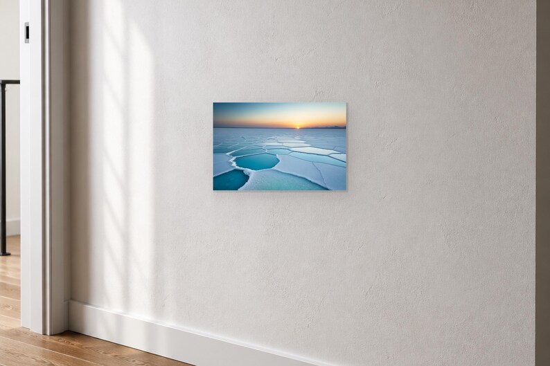 Frozen Salt Flats at Sunset - Canvas Wall Art shown as canvas wall art in a neutral wall mockup