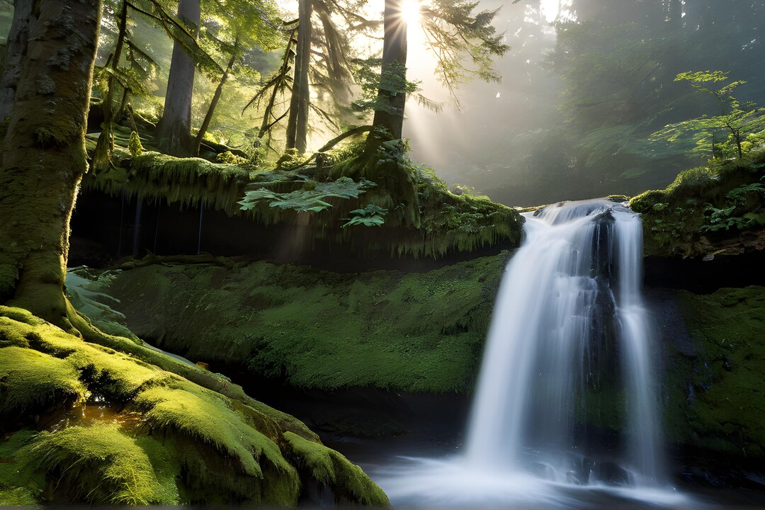 Sunbeam Through Forest Waterfall - Framed Poster Wall Art - Etsy