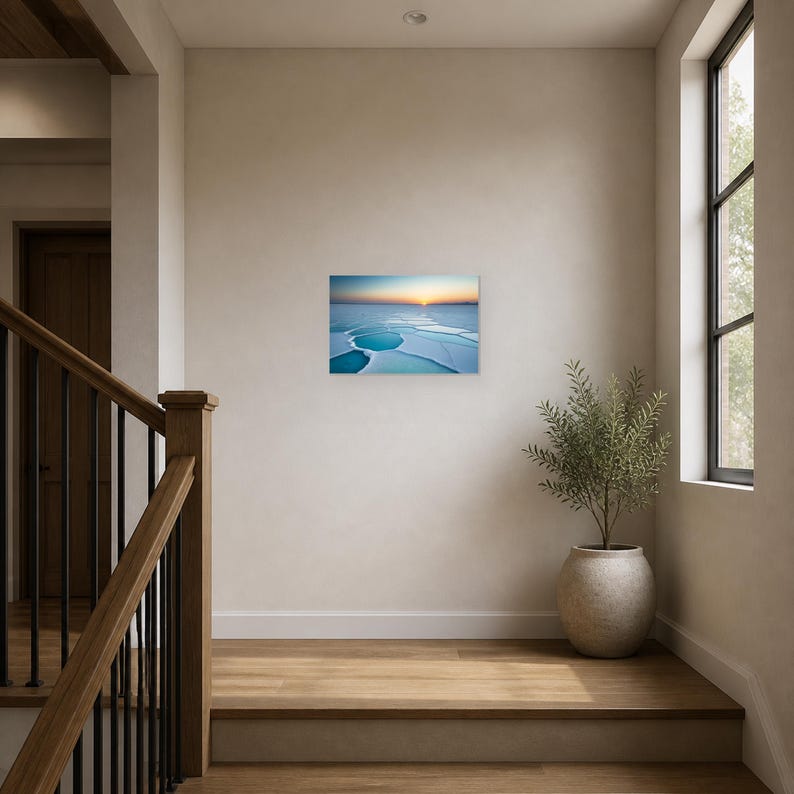 Frozen Salt Flats at Sunset - Canvas Wall Art shown as canvas wall art in a stair landing mockup