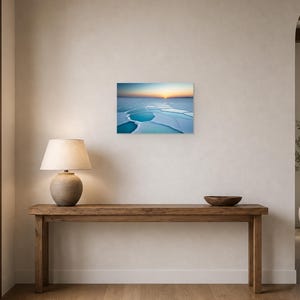 Frozen Salt Flats at Sunset - Canvas Wall Art shown as canvas wall art in a entry console mockup