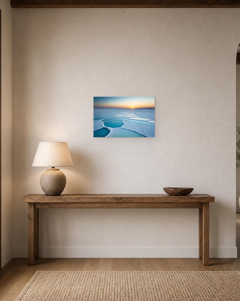 Frozen Salt Flats at Sunset - Canvas Wall Art shown as canvas wall art in a entry console mockup