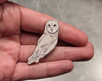 White Barn Owl Pin Badge | British Birds | Nature Lover's Gift | Eco Wood Pin Badge (Small / Large)