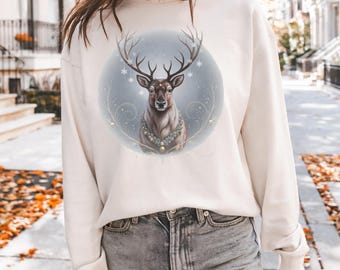 Bluza z ilustracją majestatycznego jelenia | Bluza z okrągłym dekoltem z leśnym jeleniem