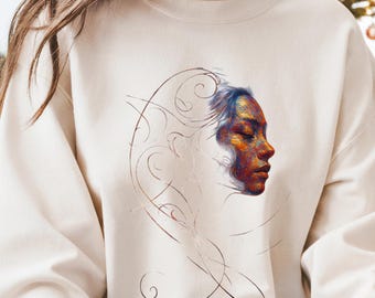 Sudadera de cuello redondo con retrato femenino abstracto / Perfil de arte lineal