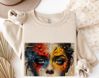 Sudadera con retrato de rostro pintado abstracto / Arte surrealista colorido