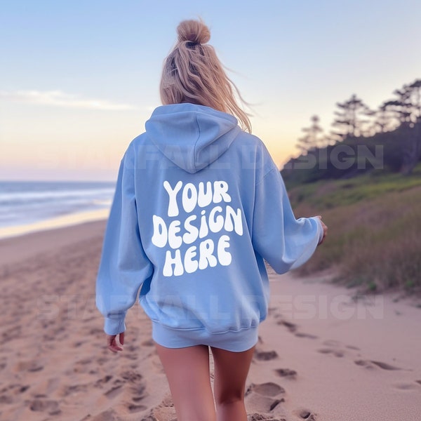 Gildan 18500 Carolina Blue Hoodie Mockup | Carolina Blue 18500 Model | Back of Hoodie Mockup | Oversized Blue Hoodie Mockup | Beach Mockup