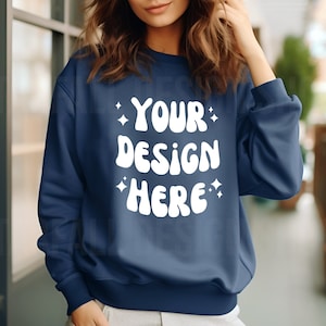 Gildan 18000 Indigo Blue Sweatshirt Mockup | Indigo Blue 18000 Model | Indigo Blue Gildan 18000 | Blue Sweatshirt Mockup | Cozy Mockup
