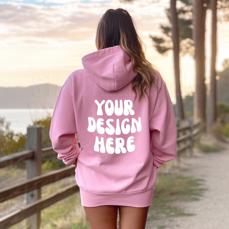 Gildan 18500 Light Pink Hoodie Mockup Light Pink 18500 Model Back of