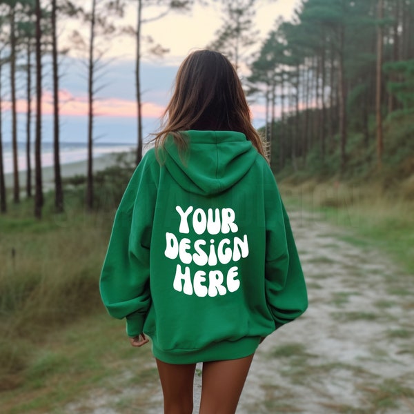 Gildan 18500 Irish Green Hoodie Mockup | Irish Green 18500 Model | Back of Hoodie Mockup | Oversized Green Hoodie Mockup | Outdoor Mockup