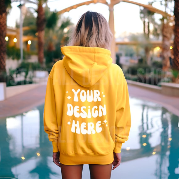 Mockup Yellow Gildan Hoodie Gold Gildan 18500 Mockup, Back Of