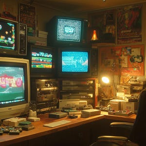 Puede incluir: Una configuración de juego retro con múltiples televisores CRT que muestran gráficos de videojuegos pixelados. La habitación está llena de consolas vintage, cartuchos de juegos y carteles, creando una atmósfera nostálgica. Un escritorio con un teclado y varios componentes electrónicos está en primer plano.