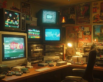 Animated Retro Gaming Setup Background, CRT TV Loop with Static Effects, Vintage Console Room, 90s Arcade Vibes, Vtuber Twitch Overlay