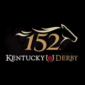 Pode incluir: Fundo preto com as palavras "Kentucky Derby" em branco e dourado. O número "152" é dourado, com uma silhueta de cabeça de cavalo. Uma rosa vermelha está na palavra "Derby".
