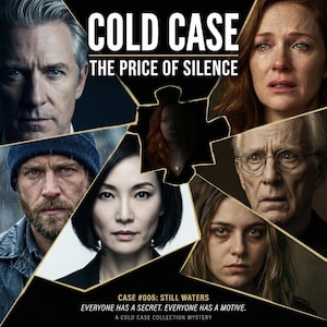 Puede incluir: Imagen promocional de "Cold Case: The Price of Silence" con retratos de personajes. El texto incluye "Case #005: Still Waters" y el lema "Everyone has a secret. Everyone has a motive."