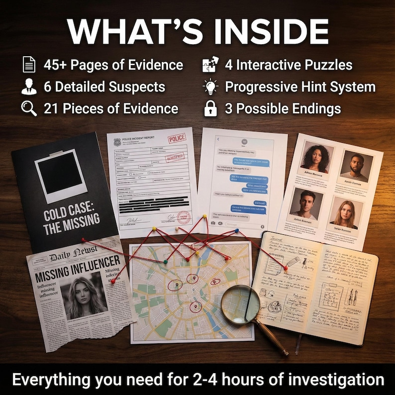 Może przedstawiać: Gra detektywistyczna z dowodami, zdjęciami podejrzanych, mapą i lupą. Tekst głosi "WHAT'S INSIDE" i "Everything you need for 2-4 hours of investigation."