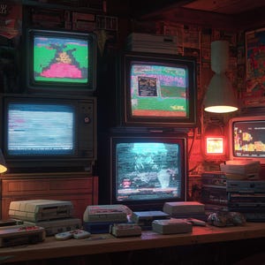 May include: A retro gaming setup featuring multiple CRT televisions displaying pixelated video game graphics. Consoles, controllers, and game cartridges are arranged on a wooden surface, with vintage posters and lamps adding to the nostalgic atmosphere.