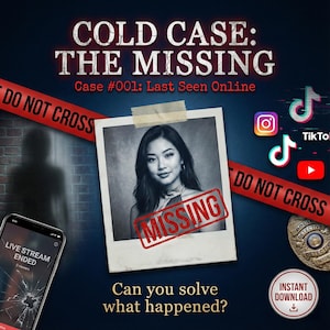 Pode incluir: Gráfico promocional para um jogo de mistério intitulado "Cold Case: The Missing". A imagem apresenta uma foto de uma mulher com um carimbo "Missing", ícones de mídia social e o texto "Can you solve what happened?"