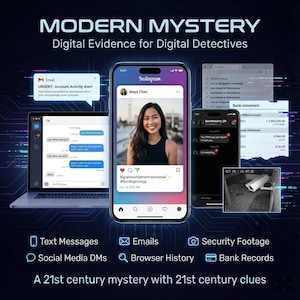 Może przedstawiać: Grafika cyfrowa z tekstem &bdquo;MODERN MYSTERY&rdquo; i &bdquo;Digital Evidence for Digital Detectives&rdquo;. Obraz przedstawia laptopa, smartfon z postem na Instagramie i inny smartfon wyświetlający wiadomości tekstowe, e-maile i wyciągi bankowe. Na dole obrazu znajduje się lista &bdquo;Text Messages&rdquo;, &bdquo;Emails&rdquo;, &bdquo;Security Footage&rdquo; i inne.