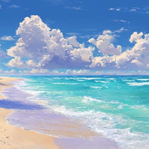 Pode incluir: Uma paisagem de praia pitoresca com um céu azul claro e grandes nuvens brancas e fofas. O mar turquesa encontra a costa arenosa, com palmeiras e plantas verdes no lado esquerdo.