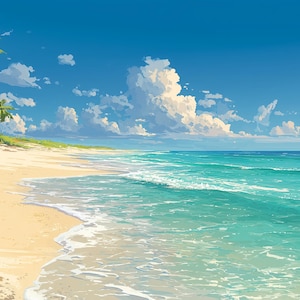 May include: A serene beach scene with a clear blue sky dotted with fluffy white clouds. Palm trees line the sandy shore, and the turquoise ocean waves gently roll onto the beach. The artwork evokes a sense of peace.
