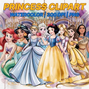 Watercolor Princess Clipart, Beautiful Princess, Unique Hand Drawn Princess Graphics PNG, Instant Download