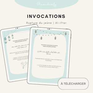 Könnte beinhalten: Zwei digitale Karten mit hellblauem Hintergrund und weißem Text. Die Karten zeigen arabischen Text und eine Übersetzung ins Französische. Die Karten sind mit "Invocations" und "Fastenbrechen | Al-iftar" betitelt.