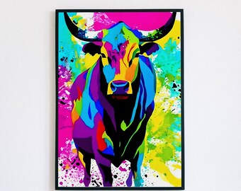 Bull art, Digital art, Wall art, Animal art, Powerful, Graceful, Elegant, Wild, Strong.