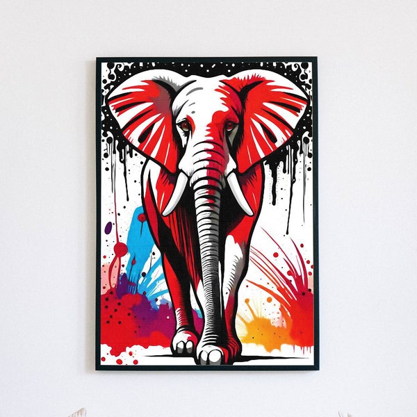 Abstract elephant in chaotic splash inkblots, Digital art, Wall art, Majestic, Graceful, Strong.