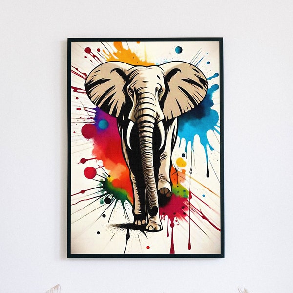 Elefante abstracto en manchas de tinta caóticas, arte digital, arte mural, majestuoso, elegante, fuerte.