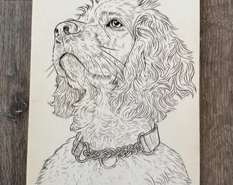木に「ラインアート」効果で彫刻された犬の肖像画 | カスタムレーザー彫刻 | 5x7、9x12、または11x14インチの装飾フレーム
