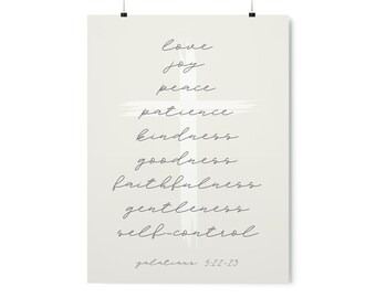 May include: A white background with a gray cross and the words "love, joy, peace, patience, kindness, goodness, faithfulness, gentleness, self-control" written in cursive. The text "galatians 5:22-23" is written below the cross.