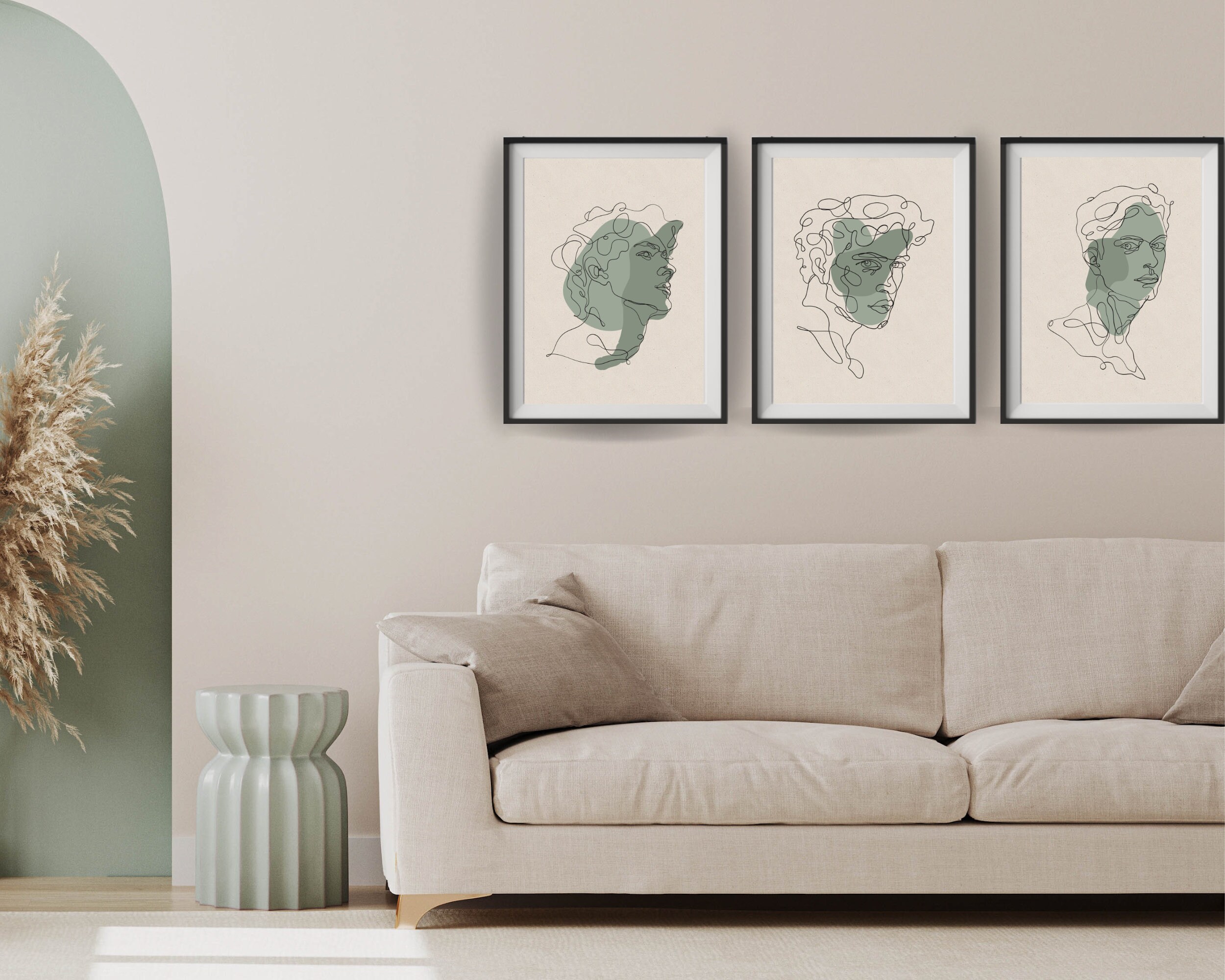 One Line Art, Gallery Wall Set Colorful, Sage Green Wall Art, Wall Art
