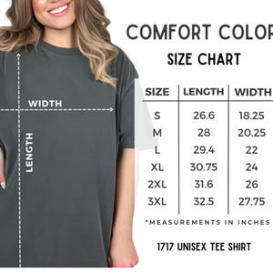 May include: Size chart for a unisex tee shirt with measurements in inches. The chart shows sizes S through 3XL with corresponding length and width measurements.