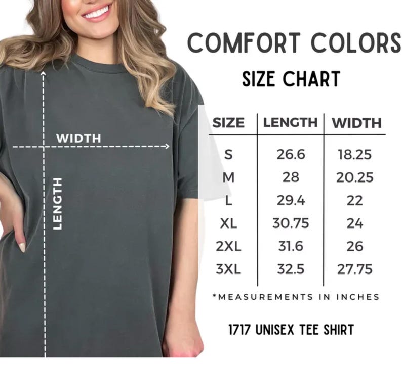 May include: Size chart for a unisex tee shirt with measurements in inches. The chart shows sizes S through 3XL with corresponding length and width measurements.